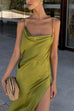 Mixiedress High Slit Back Drape Cascading Satin Maxi Cami Dress