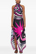 Mixiedress Printed Halter Tie Knot Backless Top and Irregular Hem Maxi Skirt Set