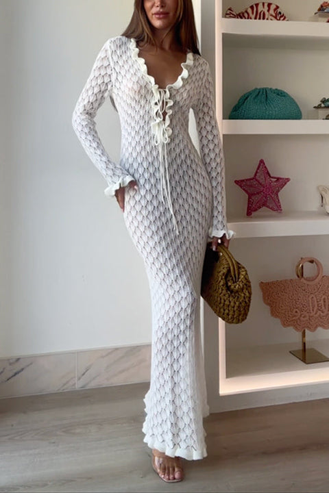 Mixiedress V Neck Lace-up Ruffle Trim Knit Crochet Maxi Dress