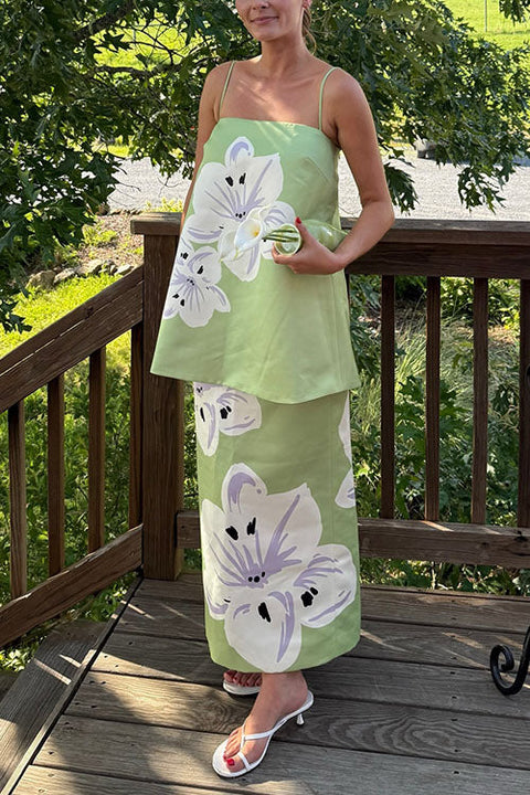 Mixiedress Floral Print Zipper Back Cami Top and Maxi Skirt Vacation Set