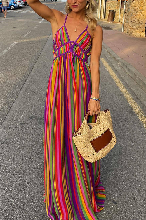 Mixiedress V Neck Backless Rainbow Stripes Cami Maxi Holiday Dress