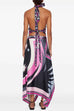 Mixiedress Printed Halter Tie Knot Backless Top and Irregular Hem Maxi Skirt Set