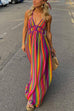 Mixiedress V Neck Backless Rainbow Stripes Cami Maxi Holiday Dress