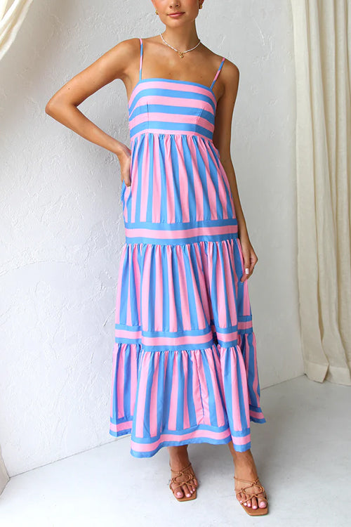 Mixiedress Spaghetti Strap Ruffle Tiered Color Block Striped Maxi Dress