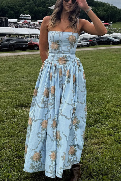 Mixiedress Spaghetti Strap Waisted Floral Print A-line Maxi Dress