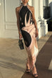 Mixiedress Halter Neck Open Back Asymmetric Hem Printed Satin Midi Dress