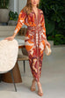 Mixiedress V Neck Long Sleeves Ruched Slit Printed Midi Dress