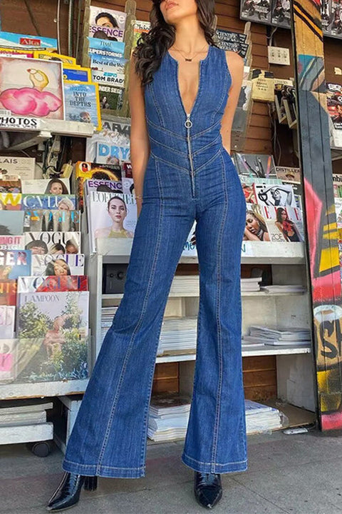 Mixiedress Zip Up Sleeveless Heart Back Bell Bottom Denim Jumpsuit