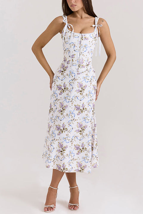 Mixiedress Bow Shoulder Back Lace-up Floral Print Midi Cami Dress