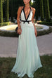 Mixiedress Deep V Neck Halter Backless Color Block Bow Maxi Dress