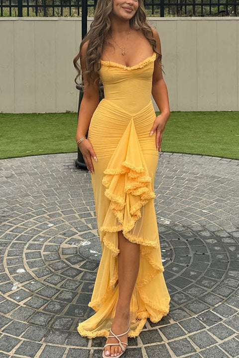 Mixiedress Spaghetti Strap Frill Trim Draped Slit Maxi Dress