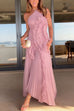 Mixiedress Strappy Halter Neck Ruffle Trim Asymmetric Hem Pleated Maxi Dress