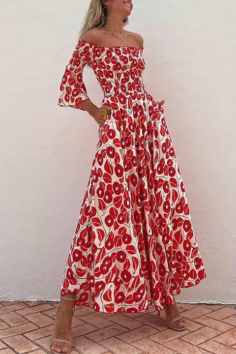 Off Shoulder Bell Sleeves Abstract Print Swing Maxi Dress