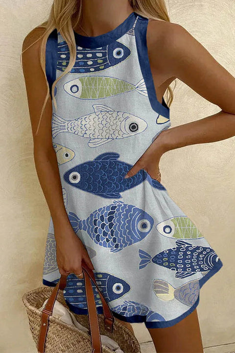 Mixiedress Sleeveless Fish Print Mini Dress