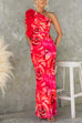 Mixiedress Ruffle One Shoulder Floral Print Bodycon Maxi Dress