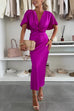 Mixiedress V Neck Twist Front Waisted Satin Midi Dress