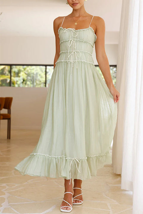 Mixiedress Frill Trim Lace Up Ruched Maxi Cami Dress