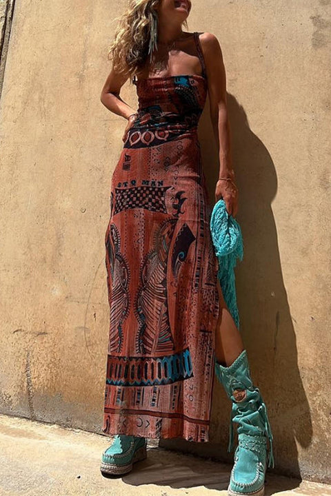 Backless Lace-up Side Split Printed Maxi Dress