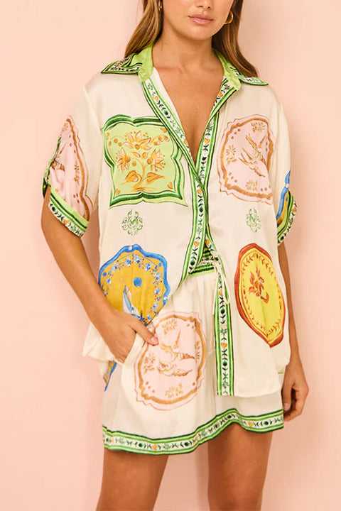 Mixiedress Resort Print Rolled Up Sleeves Blouse Shirt and Pocketed Shorts Set
