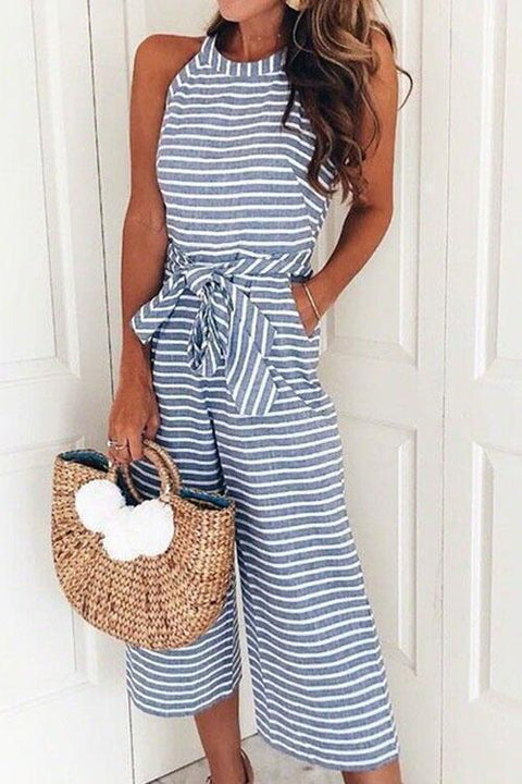 Mixiedress Casual Sleeveless Striped Bow-Knot Wide Leg Jumpsuit
