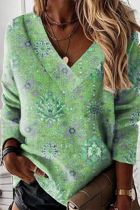 Mixiedress V Neck Long Sleeves Unique Print Top