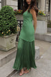 U Neck Sleeveless Pleated Splice Maxi Dress