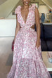 Mixiedress Deep V Neck Cut Out Sleeveless Ruffle Floral Print Maxi Dress
