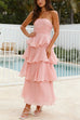 Mixiedress Strapless Empire Waist Ruffle Layered Maxi Dress
