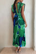 Mixiedress V Neck Waisted Back Cut Out Printed Maxi Pleated Dress