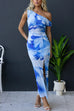 Asymmetric Shoulder Twist Front Slit Floral Maxi Dress
