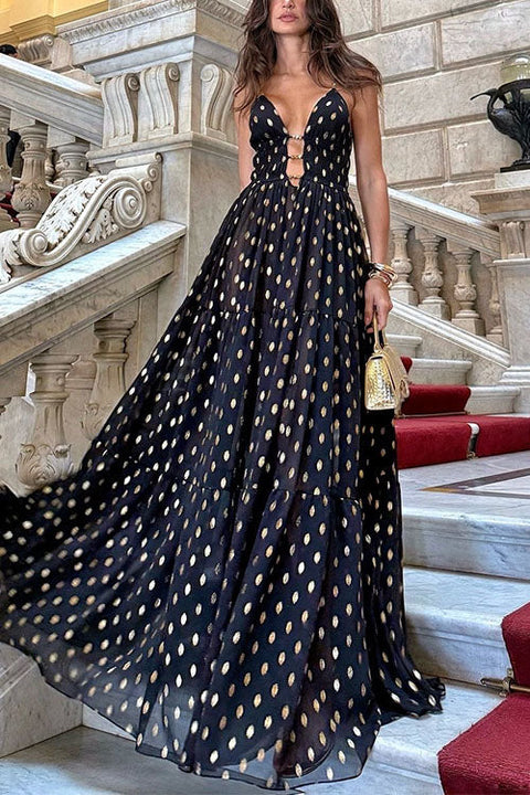 Mixiedress Cut Out Polka Dot Tiered Swing Maxi Cami Dress