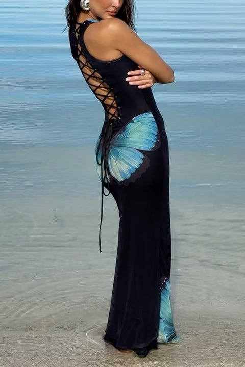 Mixiedress Back Lace-up Sleeveless Butterfly Print Maxi Dress