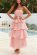 Mixiedress Strapless Empire Waist Ruffle Layered Maxi Dress