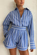 Mixiedress Striped Long Sleeves Curve Hem Shirt and High Rise Shorts Set