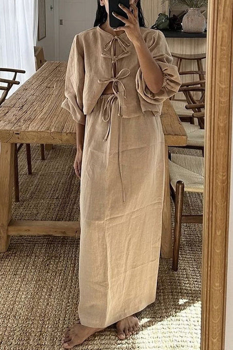 Mixiedress Puff Long Sleeves Lace-up Shirt Drawstring Waist Maxi Skirt Set