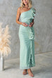 Mixiedress One Shoulder Slit Ruched Ruffle Mesh Maxi Dress
