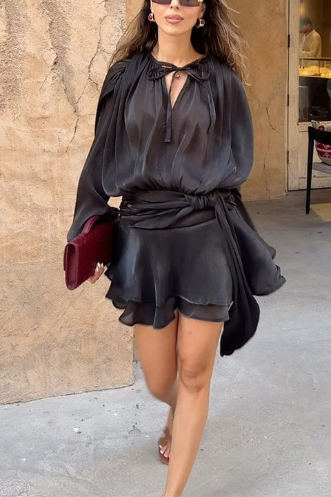Mixiedress Long Sleeves Lace-up Tie Waist Ruffle Mini Dress