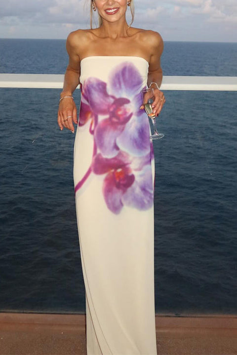Mixiedress Elegant Strapless Floral Print Maxi Dress