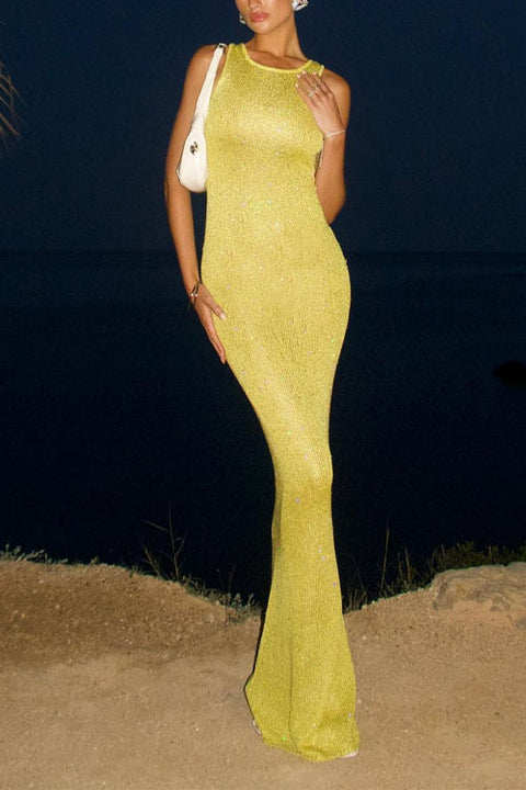 Mixiedress Round Neck Sleeveless Bodycon Glitter Maxi Party Dress
