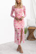 Long Sleeves Drawstring Slit Rose Print Midi Dress