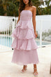 Mixiedress Strapless Empire Waist Ruffle Layered Maxi Dress