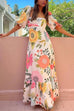 Mixiedress Square Collar Puff Sleeves Floral Print Cotton Linen Ruffle Maxi Dress