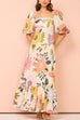 Mixiedress Square Collar Puff Sleeves Floral Print Cotton Linen Ruffle Maxi Dress
