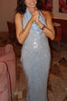 Mixiedress Halter Cowl Neck Open Back Sequin Maxi Party Dress