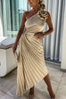 Mixiedress 3D Rose One Shoulder Cut Out Waist Asymmetric Hem Pleated Maxi Dress