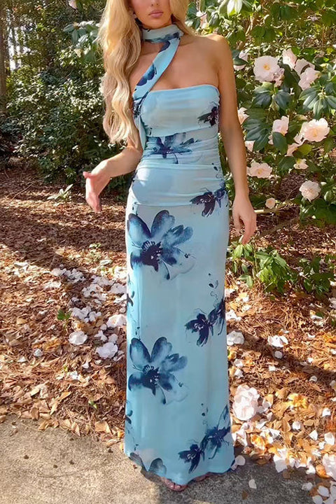 Mixiedress Strapless Floral Print Mesh Bodycon Maxi Dress