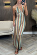 Mixiedress Halter V Neck Backless Color Block Crochet Maxi Dress