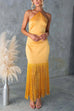 Mixiedress Halter Neck Patchwork Fringe Hem Satin Maxi Dress