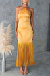 Mixiedress Halter Neck Patchwork Fringe Hem Satin Maxi Dress