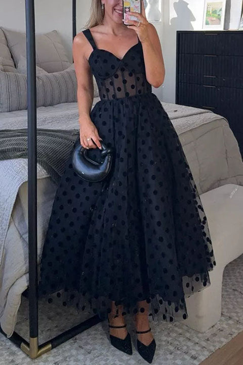 Mixiedress V Neck Mesh Polka Dot A-line Midi Cami Dress